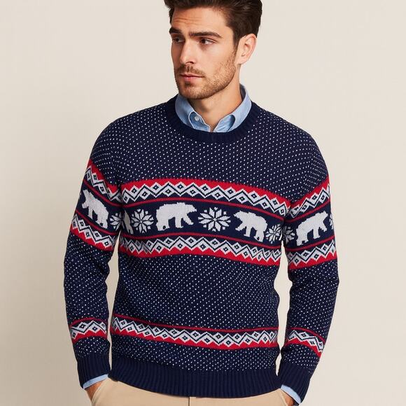 Aspen Polar Bear Fair Isle Knit Sweater Size L Blue Red Long Sleeve Christmas - Picture 1 of 10
